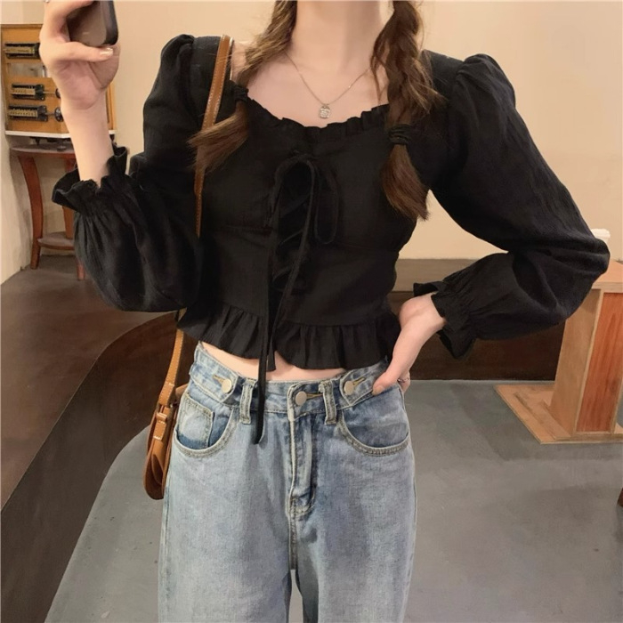 Ženska bluza u korejskom chic stilu s francuskim štihom, okrugli izrez s vezanjem, dugi rukavi, uska silueta, jedinstveni top