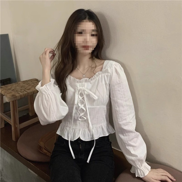 Ženska bluza u korejskom chic stilu s francuskim štihom, okrugli izrez s vezanjem, dugi rukavi, uska silueta, jedinstveni top