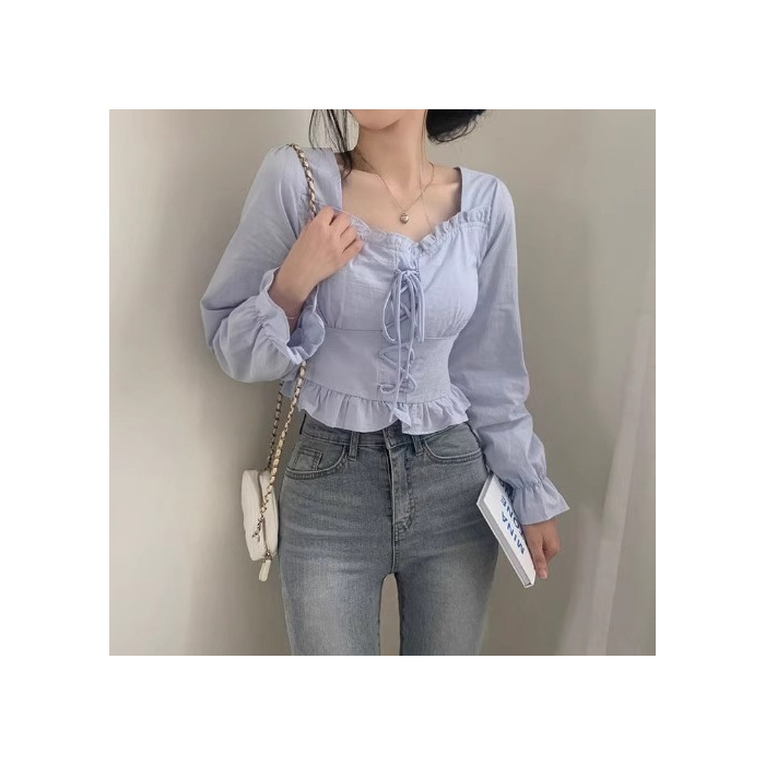 Ženska bluza u korejskom chic stilu s francuskim štihom, okrugli izrez s vezanjem, dugi rukavi, uska silueta, jedinstveni top
