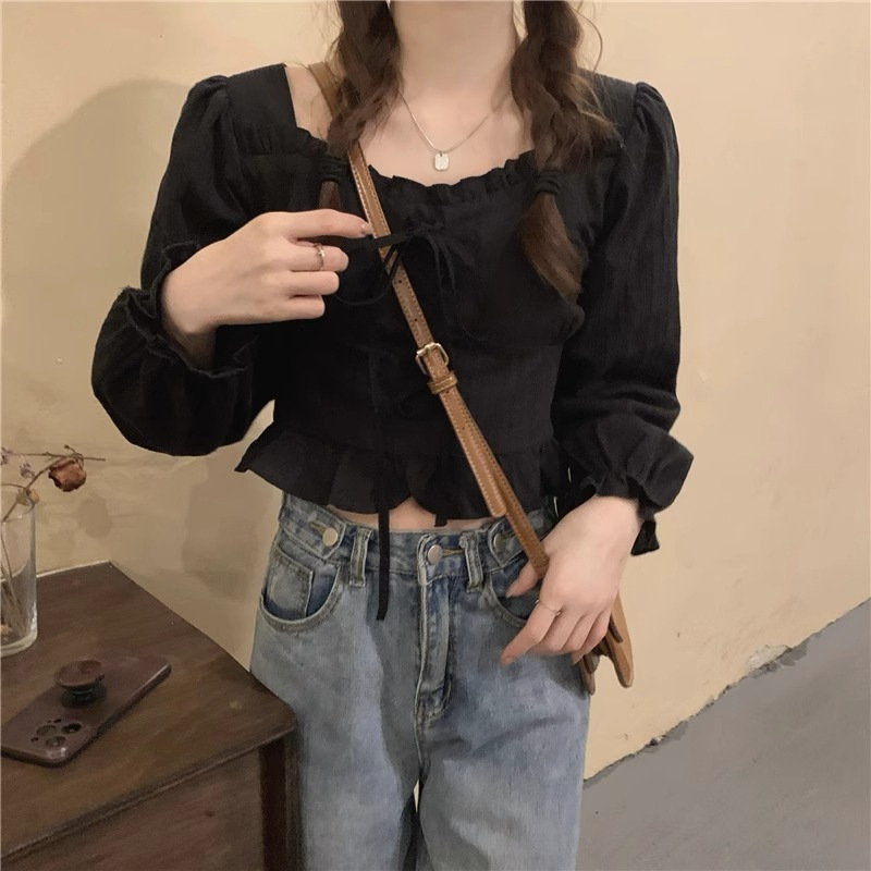 Ženska bluza u korejskom chic stilu s francuskim štihom, okrugli izrez s vezanjem, dugi rukavi, uska silueta, jedinstveni top