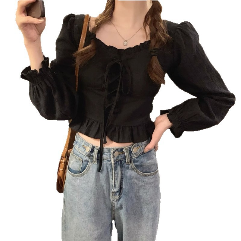 Ženska bluza u korejskom chic stilu s francuskim štihom, okrugli izrez s vezanjem, dugi rukavi, uska silueta, jedinstveni top