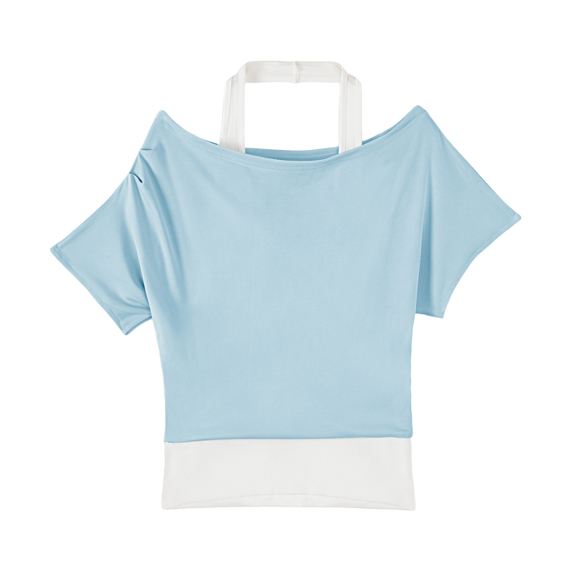 Ženski T-shirt s jednim ramom, kratki rukav, halter ovratnik, lažni dvodijelni dizajn, uski struk, kratki top