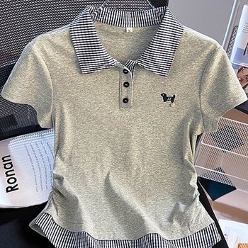 Ženski T-shirt s polo ovratnikom, patchwork kariranog uzorka, kratki rukavi, ljetni stil, slim fit