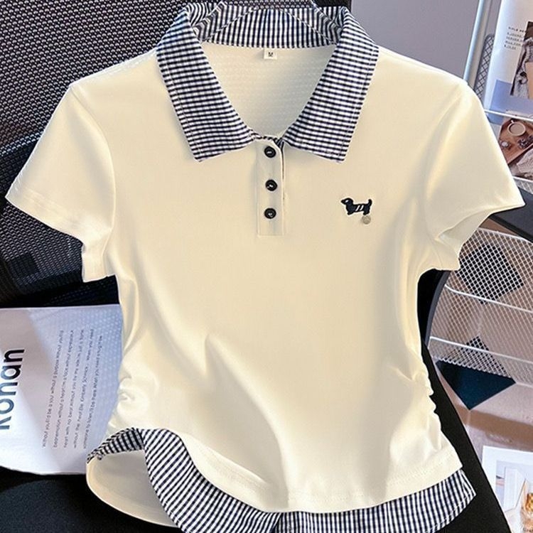 Ženski T-shirt s polo ovratnikom, patchwork kariranog uzorka, kratki rukavi, ljetni stil, slim fit