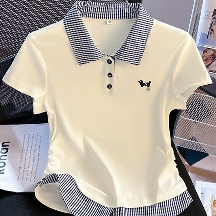 Ženski T-shirt s polo ovratnikom, patchwork kariranog uzorka, kratki rukavi, ljetni stil, slim fit