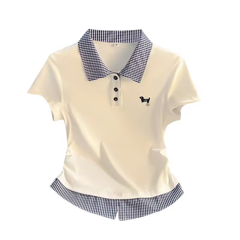 Ženski T-shirt s polo ovratnikom, patchwork kariranog uzorka, kratki rukavi, ljetni stil, slim fit