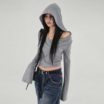 2026 Ležerni retro američki stil – ženski top s kapuljačom, dugi rukavi, sive boje, off-shoulder, kratki top