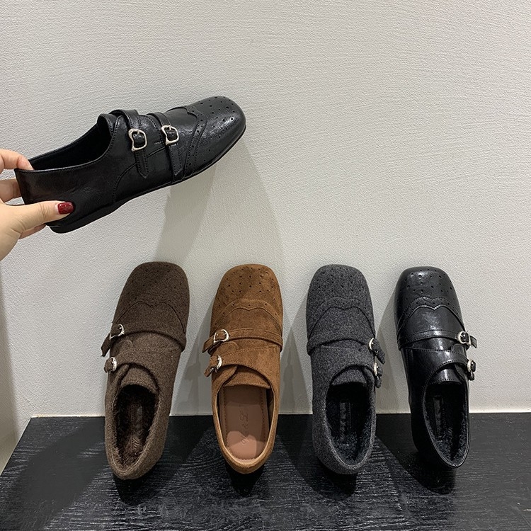 Ženske loafers s unutarnjim povećanjem visine, retro sive boje, s vunenom podstavom, za jesen-zimu