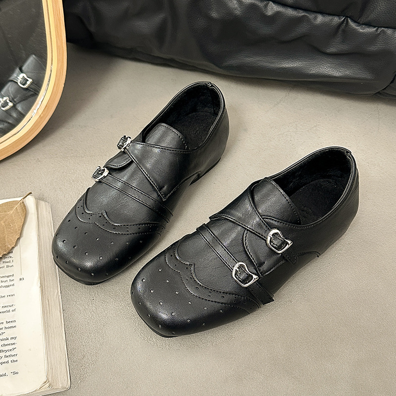Ženske loafers s unutarnjim povećanjem visine, retro sive boje, s vunenom podstavom, za jesen-zimu