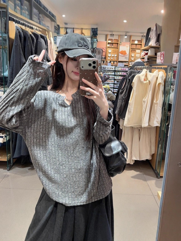 Ženska majica s dugim rukavima, teksturirana fleece materijal, korejskog stila, širokog kroja za proljeće i jesen