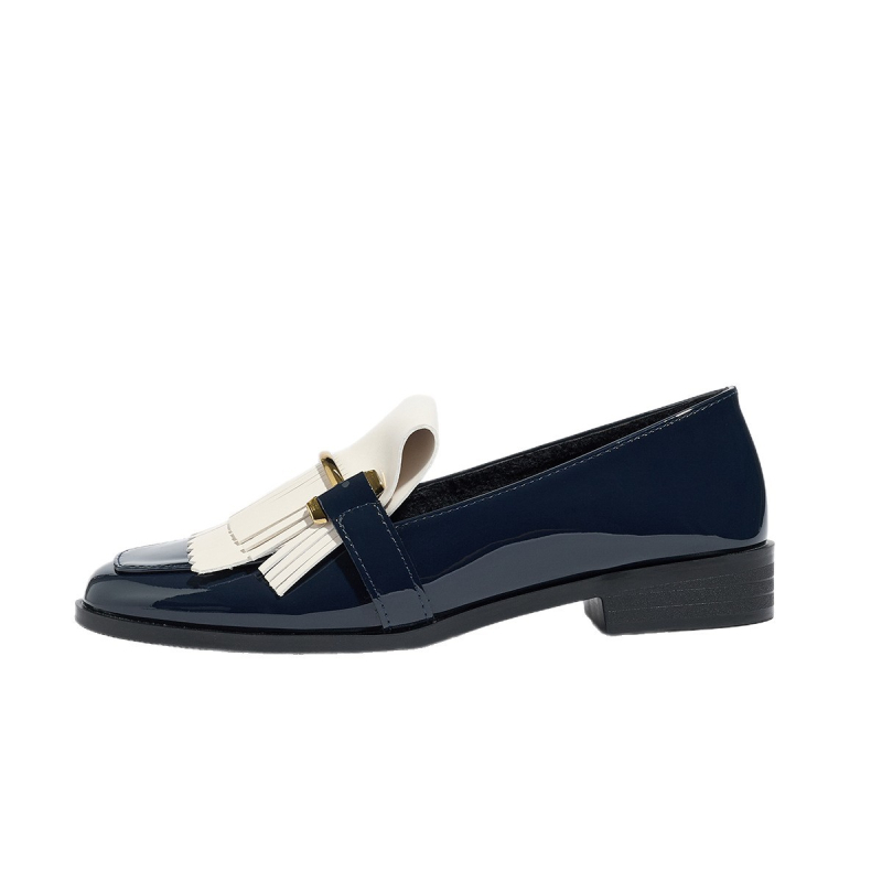 Ženske kožne loaferice s resicama i blokom boja, slip-on, četvrtasti vrh, niski potpetica, fleec unutrašnjost