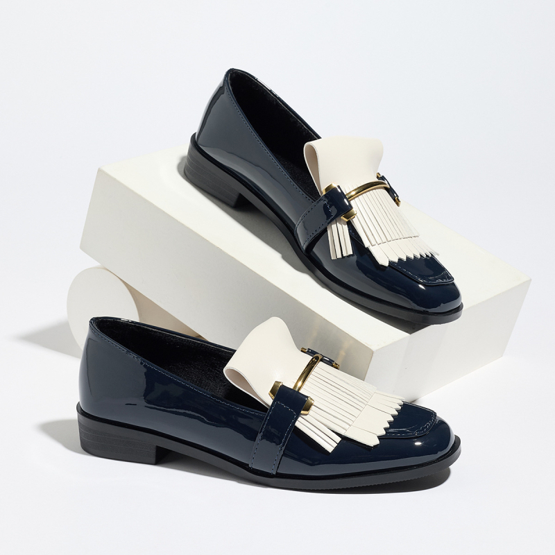 Ženske kožne loaferice s resicama i blokom boja, slip-on, četvrtasti vrh, niski potpetica, fleec unutrašnjost