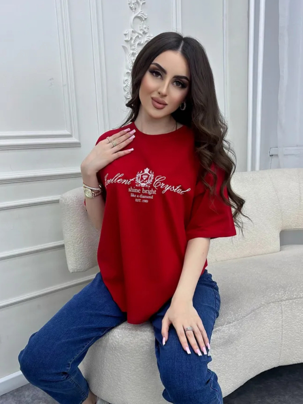 Ženski T-shirt kratkih rukava, 100% pamuk, ležerni široki kroj, ulicni retro stil, tisak s tekstom, okrugli izrez, inspirirano Harajuku, ljeto 2025