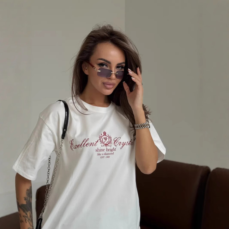 Ženski T-shirt kratkih rukava, 100% pamuk, ležerni široki kroj, ulicni retro stil, tisak s tekstom, okrugli izrez, inspirirano Harajuku, ljeto 2025
