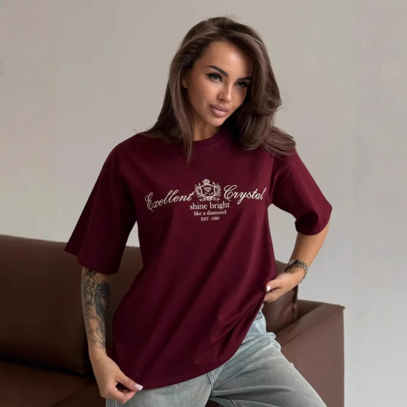 Ženski T-shirt kratkih rukava, 100% pamuk, ležerni široki kroj, ulicni retro stil, tisak s tekstom, okrugli izrez, inspirirano Harajuku, ljeto 2025