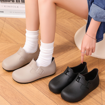 Női esőcsizmák Birkenstock-stílusban, slip-on, kerek orr, retro kényelmes esőcipők
