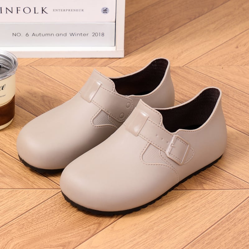 Női esőcsizmák Birkenstock-stílusban, slip-on, kerek orr, retro kényelmes esőcipők
