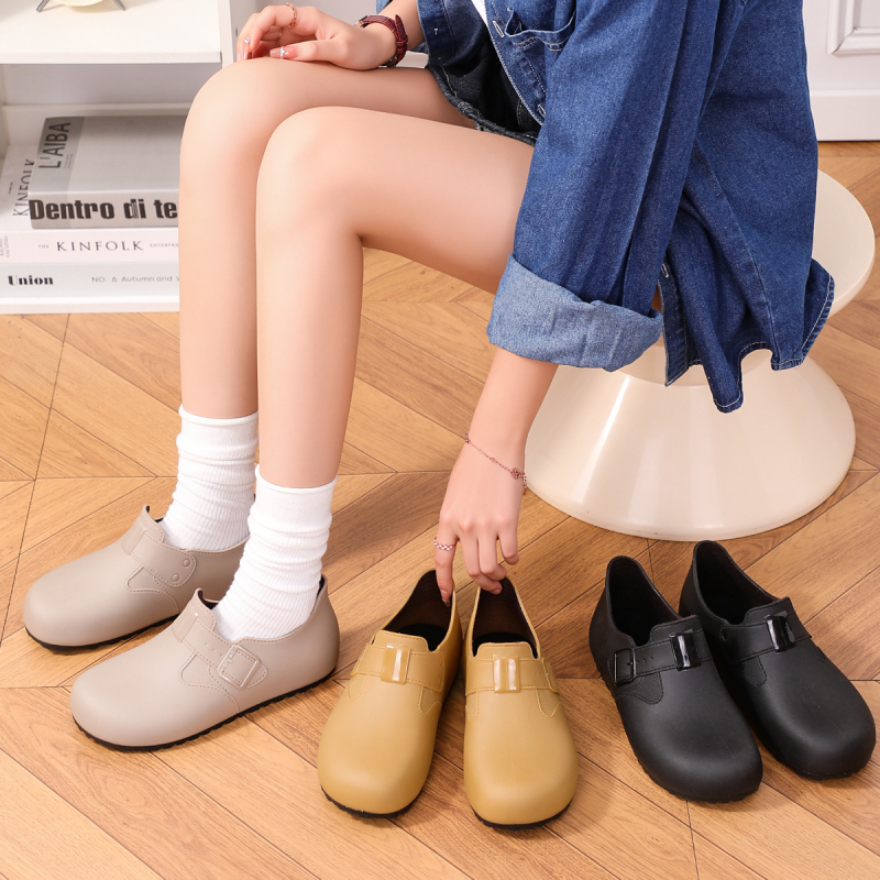 Női esőcsizmák Birkenstock-stílusban, slip-on, kerek orr, retro kényelmes esőcipők