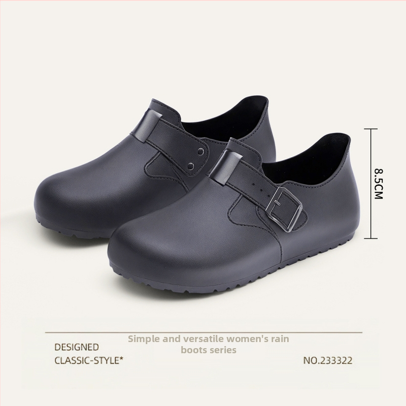 Női esőcsizmák Birkenstock-stílusban, slip-on, kerek orr, retro kényelmes esőcipők
