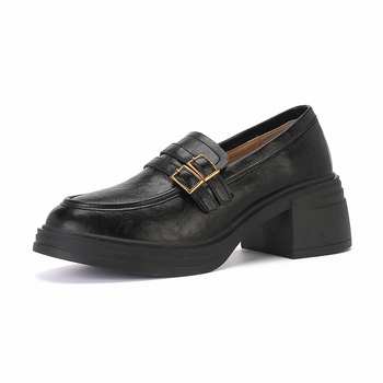 Γυναικείοι loafers με φαρδιά σόλα, μαύρο χρώμα, στρογγυλή μύτη, συνθετικό επάνω, άνετο ρετρό στυλ καθημερινής χρήσης