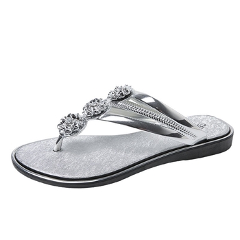 Sandale de plajă unisex din PVC, cu trei flori și cristale, argintii, deget deschis, talpă plată