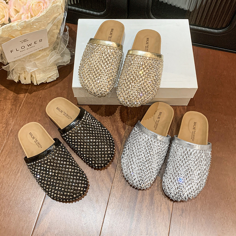Ženske mrežaste sandale s rhinestones, zatvorenim prstom, slip-on mule, ljeto 2025