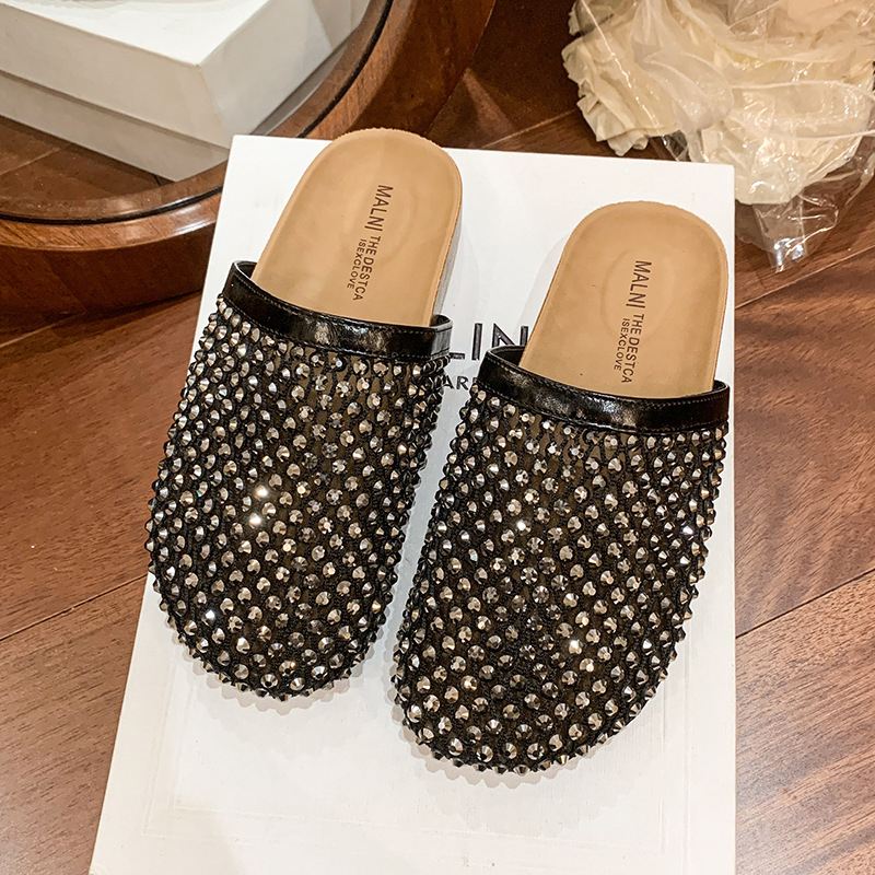 Ženske mrežaste sandale s rhinestones, zatvorenim prstom, slip-on mule, ljeto 2025