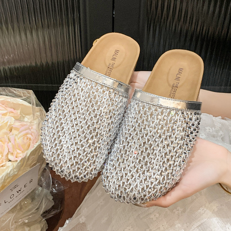 Ženske mrežaste sandale s rhinestones, zatvorenim prstom, slip-on mule, ljeto 2025
