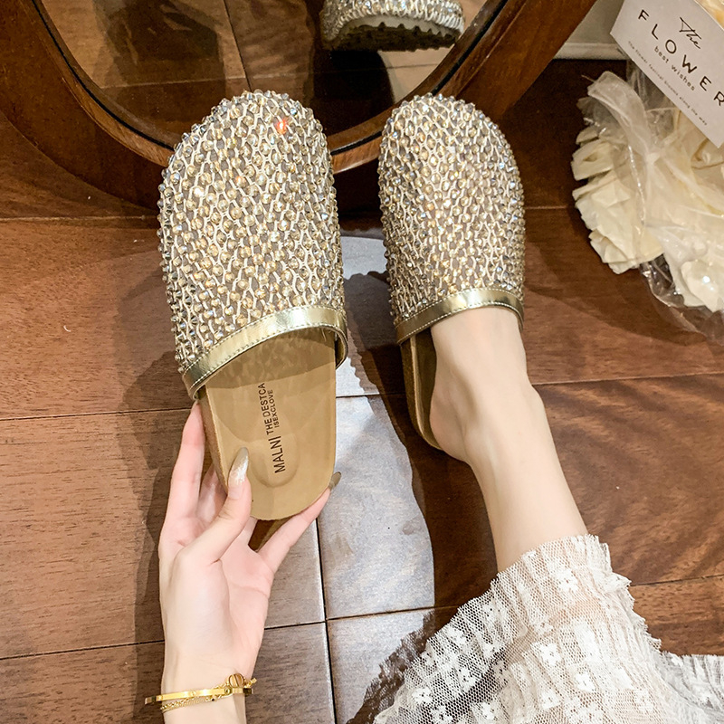 Ženske mrežaste sandale s rhinestones, zatvorenim prstom, slip-on mule, ljeto 2025