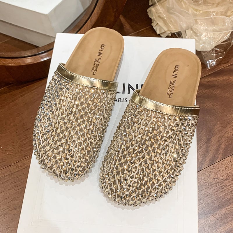 Ženske mrežaste sandale s rhinestones, zatvorenim prstom, slip-on mule, ljeto 2025