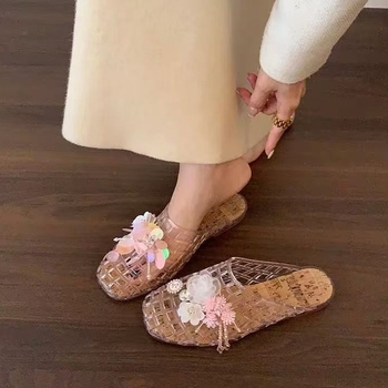 Ženske kristalne jelly tenisice sa zatvorenim prstom, ravna potplat, prozirni mrežasti gornji dio, slip-on