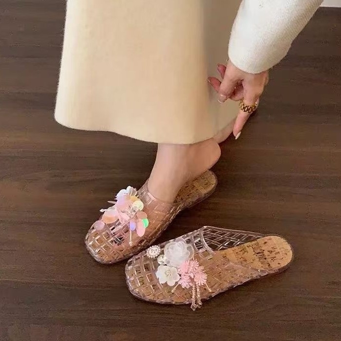 Ženske kristalne jelly tenisice sa zatvorenim prstom, ravna potplat, prozirni mrežasti gornji dio, slip-on