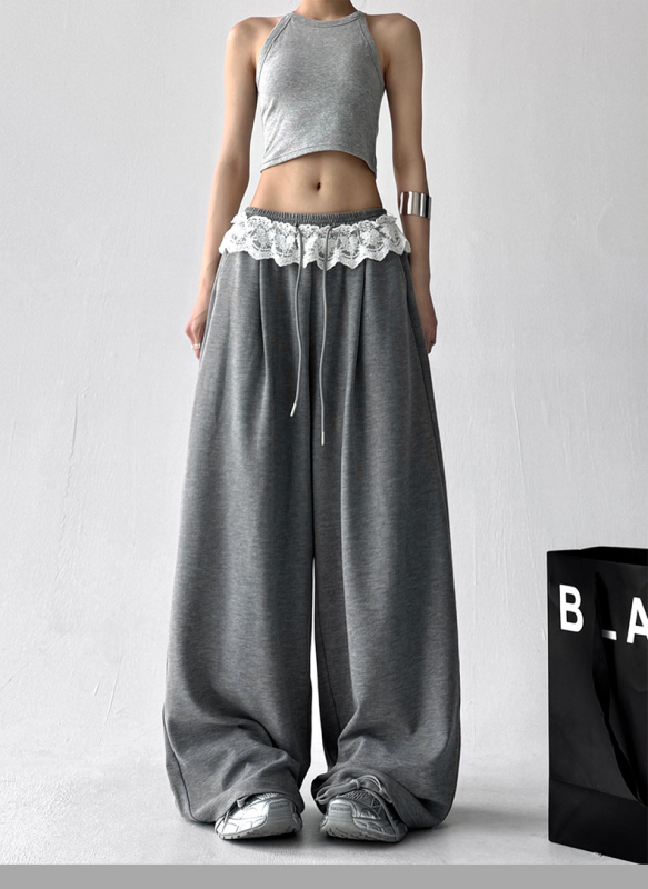 Ženske ljetne široke hlače, jednobojne, ležernog kroja, čipkasto vezanje, casual korejski stil, padajuće, dugačke hlače