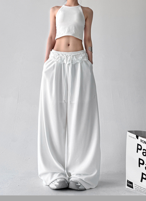 Ženske ljetne široke hlače, jednobojne, ležernog kroja, čipkasto vezanje, casual korejski stil, padajuće, dugačke hlače