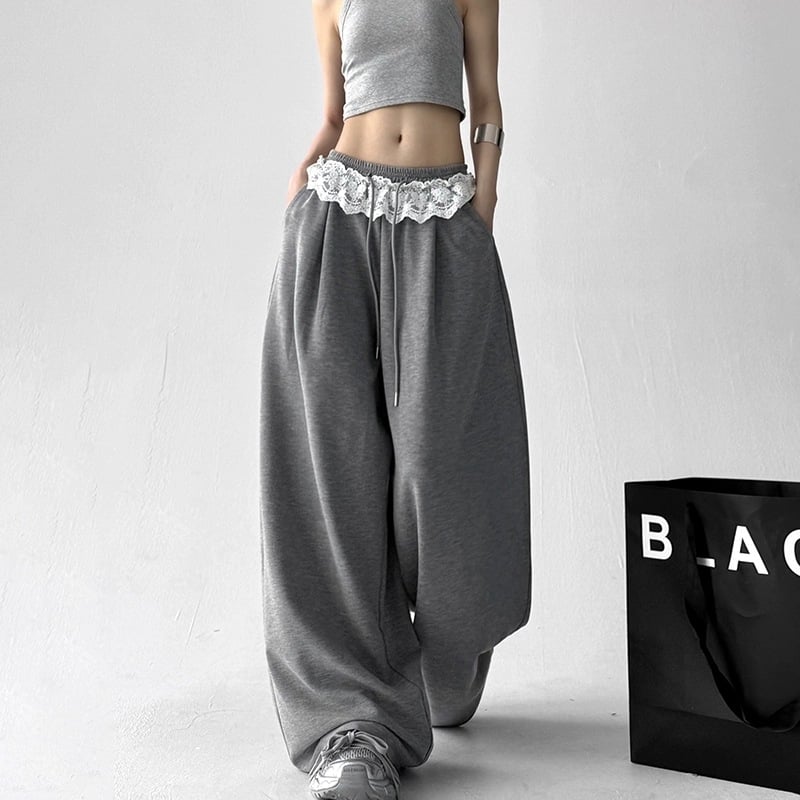 Ženske ljetne široke hlače, jednobojne, ležernog kroja, čipkasto vezanje, casual korejski stil, padajuće, dugačke hlače