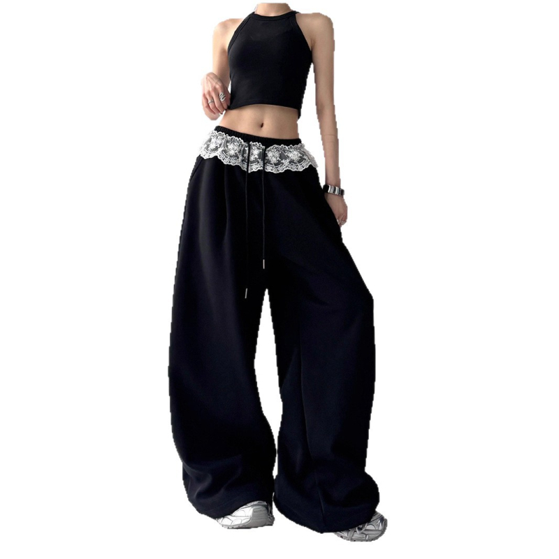 Ženske ljetne široke hlače, jednobojne, ležernog kroja, čipkasto vezanje, casual korejski stil, padajuće, dugačke hlače