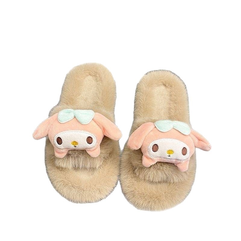 Ženske plišane papuče s jednim remenom, korejski stil, ravna potplata, pliš unutrašnjost