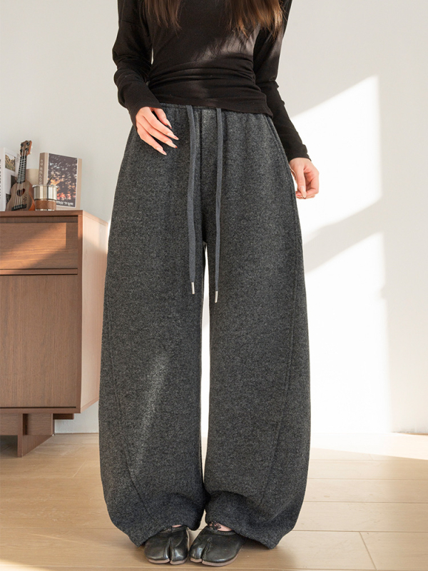 Ženske hlače od vunene smjese s flis podlogom, visokim strukom, ležerno krojene, široke nogavice, za jesen i zimu