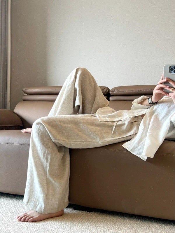 Ženske ljetne hlače od Tencel-linena, širokog kroja, visokim pojasom, casual stil