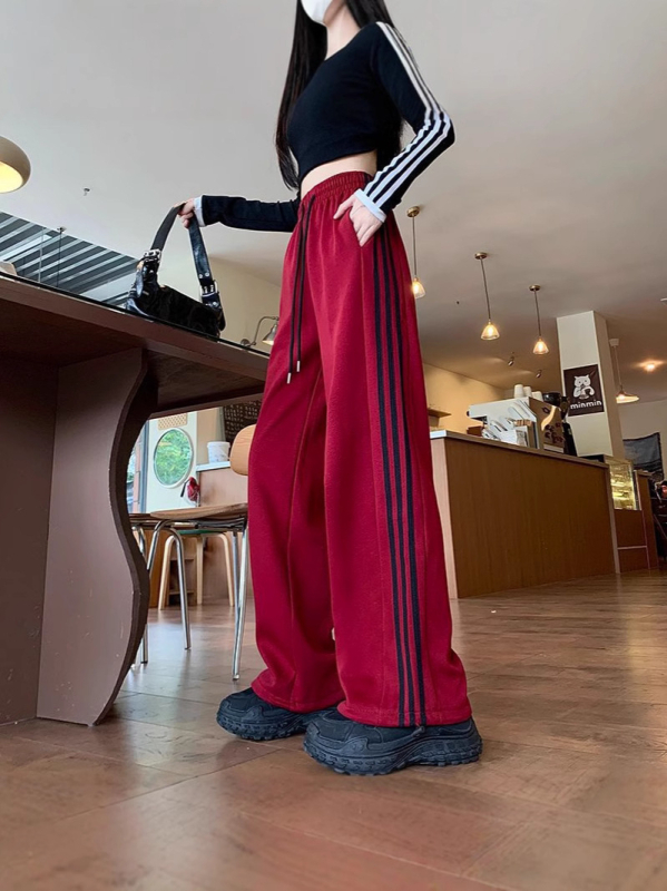 Ženske sportske hlače visokog struka, širokih nogavica, ravnog kroja, tri pruge, casual