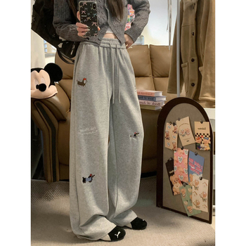 Ženske široke hlače s izšivanim motivom psa, fleece podstava za jesen/zimu, ležerni sportski stil