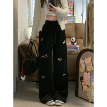 Ženske široke hlače s izšivanim motivom psa, fleece podstava za jesen/zimu, ležerni sportski stil