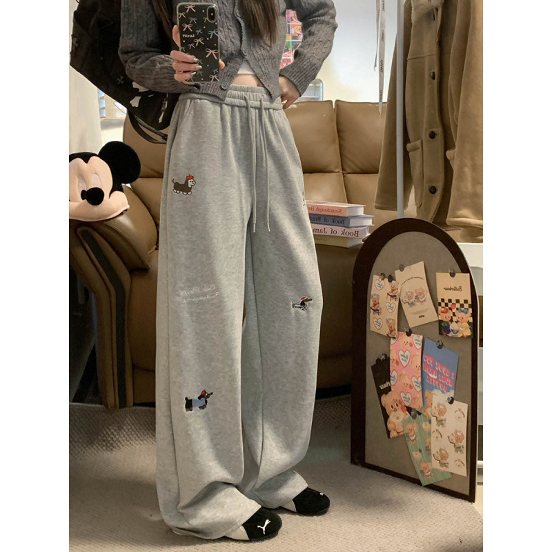 Ženske široke hlače s izšivanim motivom psa, fleece podstava za jesen/zimu, ležerni sportski stil