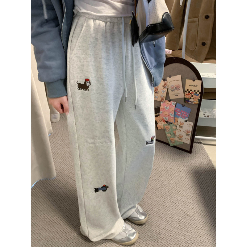 Ženske široke hlače s izšivanim motivom psa, fleece podstava za jesen/zimu, ležerni sportski stil