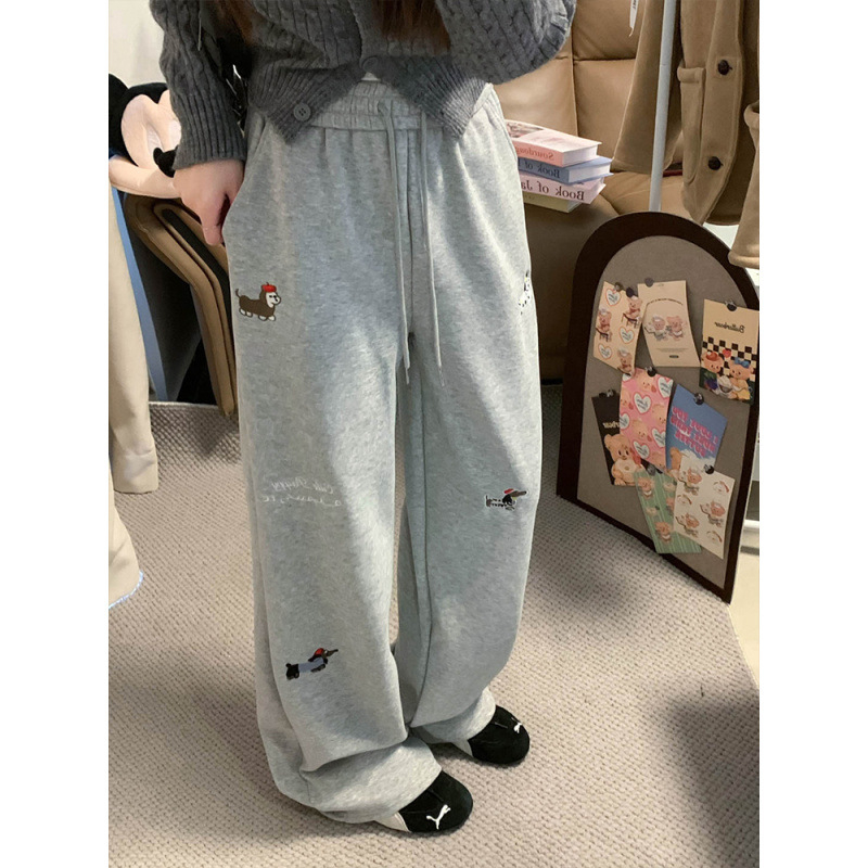 Ženske široke hlače s izšivanim motivom psa, fleece podstava za jesen/zimu, ležerni sportski stil
