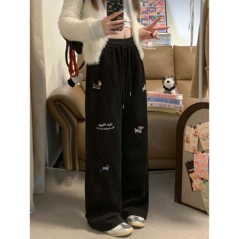 Ženske široke hlače s izšivanim motivom psa, fleece podstava za jesen/zimu, ležerni sportski stil