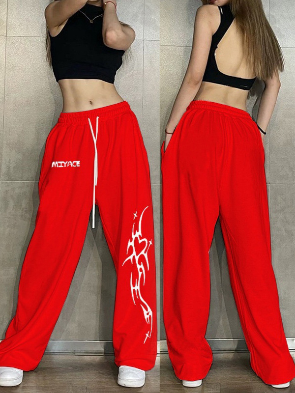 Ženske hlače s vezicama, široke, s otiskom, ležerni sportski stil, poliester