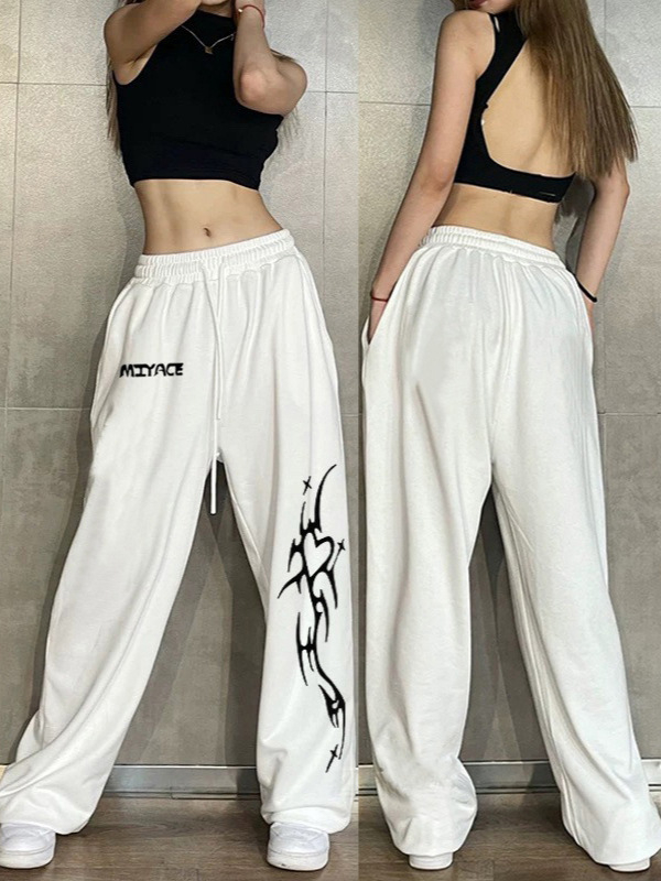 Ženske hlače s vezicama, široke, s otiskom, ležerni sportski stil, poliester
