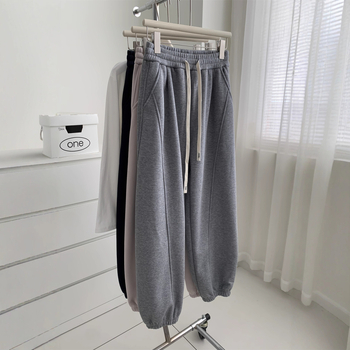 Γυναικεία χαλαρά jogger παντελόνια με patchwork σε κορεατικό στυλ, με φλίς επένδυση
