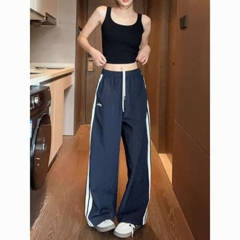 Ženske casual hlače u američkom retro stilu sa bočnim trakama, ljetna ravna kroja, opuštena, široke nogavice, brzo sušeće